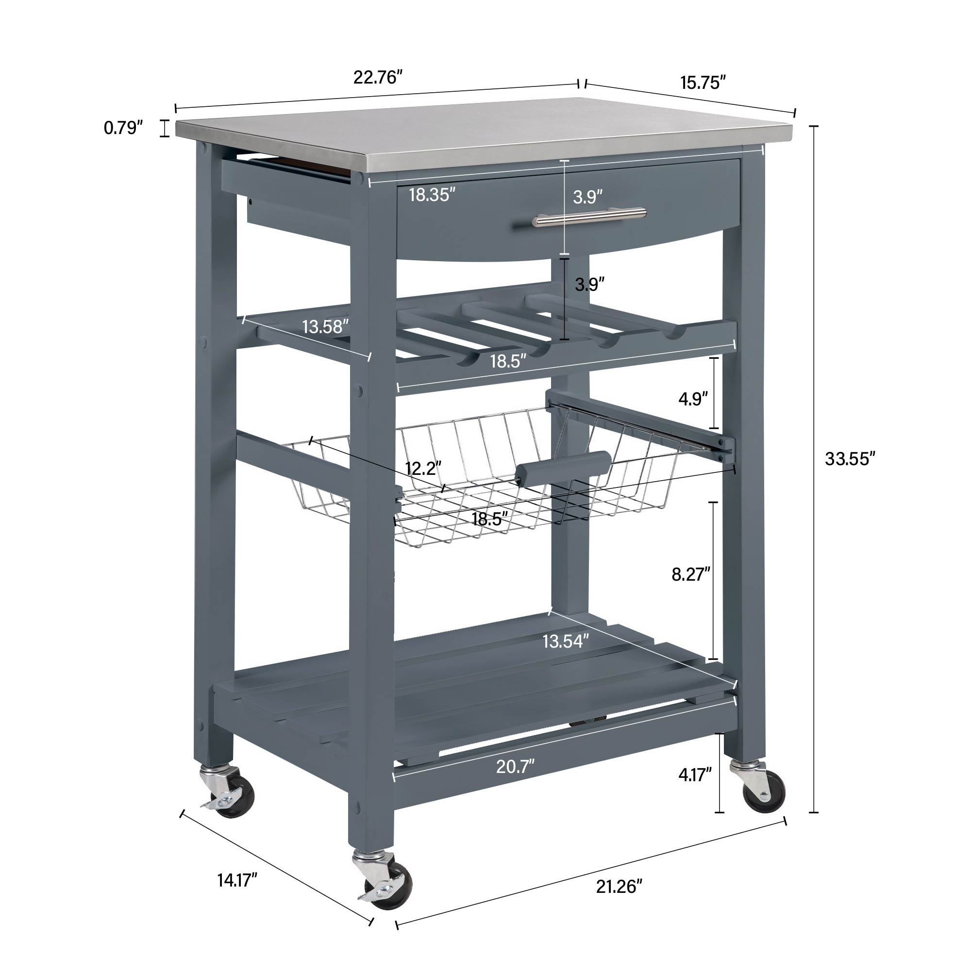 Mobile Rolling Kitchen Island Trolley Serving Cart With Underneath Drawer & Slide-Out Wire Storage Basket_voghion.com